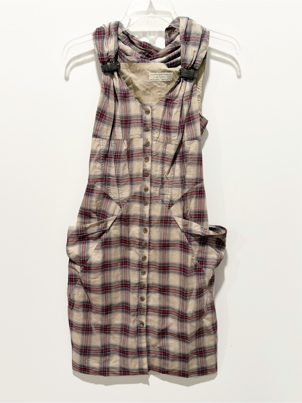 ALLSAINTS Deadwood Altair Plaid Utility Pinafore Dress Buckle Strap Y2K Grunge